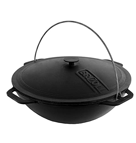 BRIZOLL Cast Iron Uzbek Kazan Dutch Oven Pot with Lid 12.7 qt. (12 L) Asian Cauldron Camping Wok Cooking Kitchen