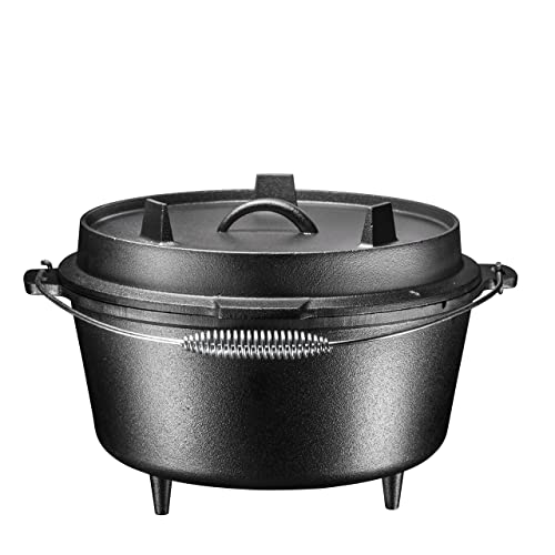 Bruntmor Round Cast Iron Pot Pre-Seasoned 3 Legged Dutch Oven Pot with Lid, 8.5-Quart with Metal spring Handle Cast Iron Skillet | Campfire Cooking Equipment | Cast Iron Cauldron | Enameled Cast Iron