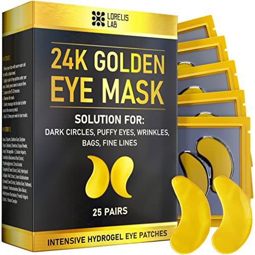 24K Gold Under Eye Mask - 25 Pairs for Puffy Eyes, Dark Circles, Eye Bags, Puffiness with Collagen and Vitamins - Natural Anti-Aging Eye Pads - Hydrating Under Eye Patches - Golden Under Eye Gel Pads