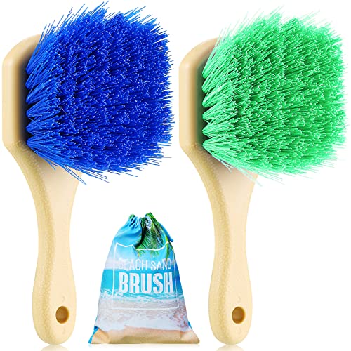2 Pcs Beach Sand Remover Brush with Drawstring Bag, Beach Accessories Scrub Brushes for Cleaning Beach Soft Bristle Brush for Summer Vacation, Water Sports, Beach Volleyball, Beach Party