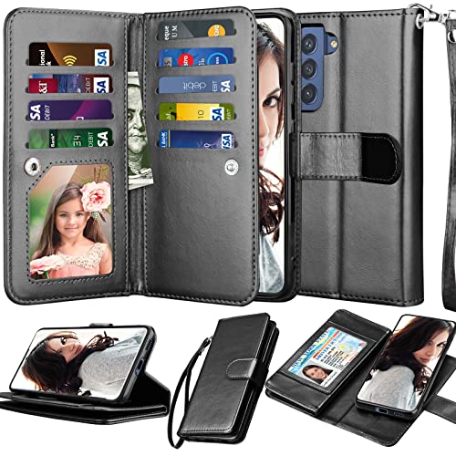 NJJEX Galaxy S21 FE 5G Case, for Samsung S21 Fan Edition/ S21 FE 5G Wallet Case, [9 Card Slots] PU Leather ID Credit Holder Folio Flip [Detachable] Kickstand Magnetic Phone Cover & Lanyard [Black]
