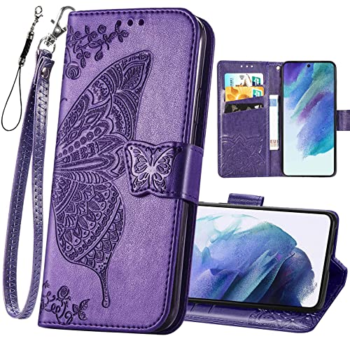 Designed for Galaxy S21 FE 5G Wallet Case,Women Flip Folio Cover with Butterfly Embossed PU Leather Kickstand Card Holder Magnetic Wrist Strap Phone Case for Samsung Galaxy S21 FE 6.4" (Purple)