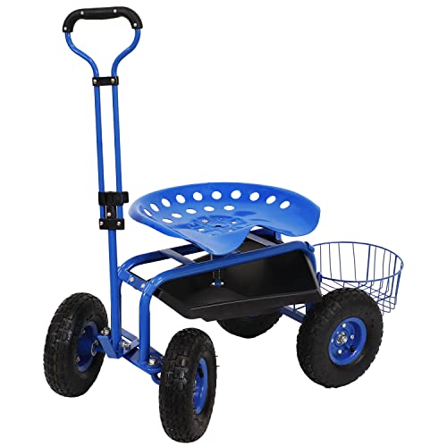 Sunnydaze Garden Cart Rolling Scooter - Features Extendable Steer Handle, Swivel Seat and Utility Tool Tray - Blue