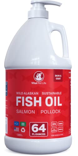 Fish Oil for Dogs, Salmon, Pollock, Omega 3 EPA DHA Liquid Food Supplement for Pets, All Natural, Supports Healthy Skin Coat & Joints, Natural Allergy & Inflammation Defense, 64 oz