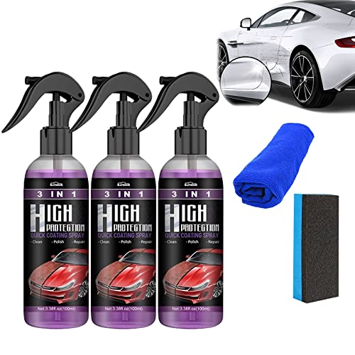 3 Pcs 2023 New 3 in 1 High Protection Fast Car Ceramic Coating Spray, Car Scratch Nano Repair Spray, Plastic Parts Refurbisher, Fast Fine Scratch Repair, Fast Car Coating (3Pcsx100ml)+Brush Cloth