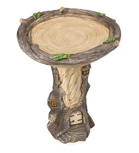 Plow & Hearth Full-Size Fairy Garden Birdbath with Miniature Fairy House in A Tree Stump, Hand-Painted All-Weather Wood-Look Resin Landscape Accent, 18" Dia. x 23"H