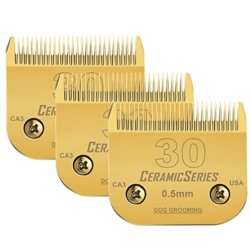 3 Packs #30 Clipper Blade Dog Grooming Compatible with Andis Clippers Carbon Infused Steel Detachable Ceramic Sharp Edge Also Compatible with Wahl/Oster Dog Clippers1/50 0.5mm Cut Length(Gold)