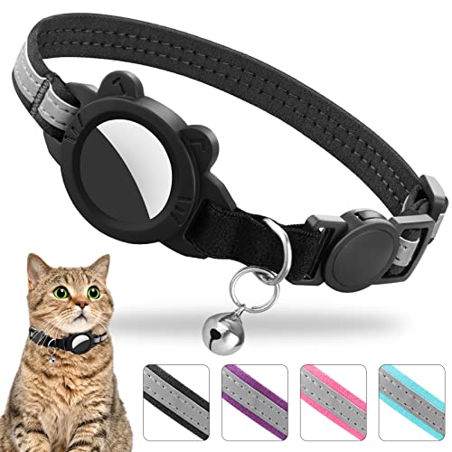 Upgraded AirTag Cat Collar | Breakaway | Reflective | Waterproof Apple Air Tag Holder | Safety Elastic Band | Soft Suede | GPS Tracker for Girl Boy Cats, Kittens, Patent Pending (Black)