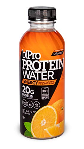 BiPro Protein Water & Caffeine Energy Drink, Orange - NSF Certified for Sport, 20g Whey Protein, Sugar Free, Suitable for Lactose Intolerance, Gluten Free, Hormone Free, Naturally Sweetened, 16.9 Ounce, Pack of 12