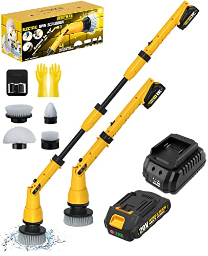1000RPM Electric Spin Scrubber, 20V Cordless Cleaning Brush with Adjustable Extension Arm, 4 Replaceable Cleaning Heads, Hook and Gloves, 1 Hour Fast Charge, Waterproof - for Bathroom/Tub/Tile/Floor