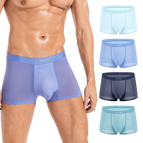VEEAMON Men's Ice Silk Boxer Briefs Seamless Underwear Cool Silky Comfortable 4-Pack With Gift Box (Frost Blue/Water Blue/Rime Gray/Crystal Green (4 Pack),XL)