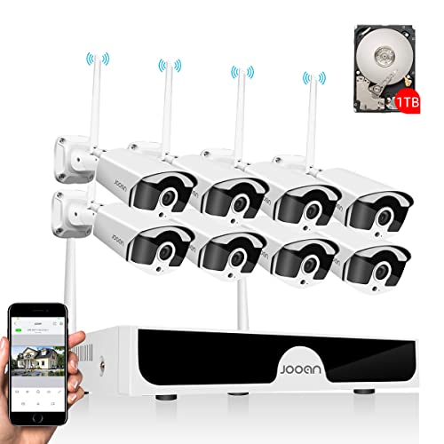 Audio & 3MP JOOAN Security Camera System Wireless,8 Channel NVR & 8pcs 1296P Bullet Cameras, IP67 Weatherproof,AI Human Motion Alert with 1TB Hard Drive,Free Extension Antenna