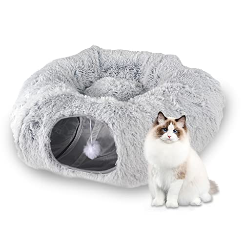 PAWSROOM Cat Soft Funning Tunnel, Plush Cats Tunnel with Central Mat, Collapsible Cat Tunnel Tube with Ball Toys and Peephole, Cat PlayTunnels with Cat Bed and Toys