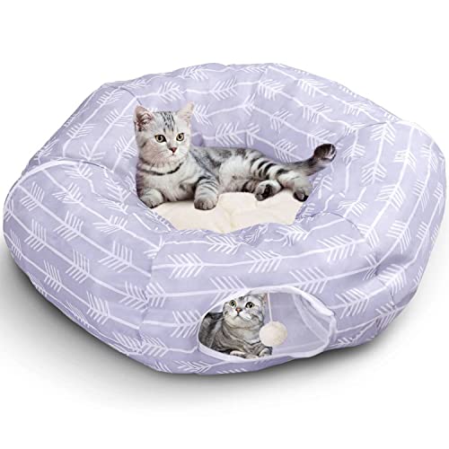 Cat Tunnel Bed, Nobleza CollapsibleCat Tunnels Beds for Indoor Cats, Round Donut Tunnel Nest with Washable Detachable Cushion, Funny Kitty Puppy Play Tubes and Tunnels Toy with Hanging Balls, Purple