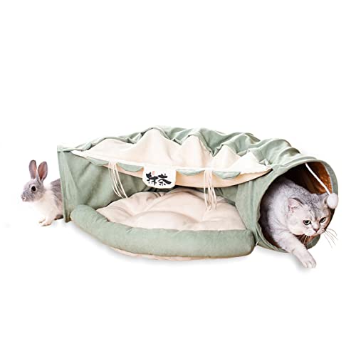 LEFTSTARER 2-in-1 Collapsible Cat Tunnel for Indoor Cat Bed and Hideout for Pet Dog Rabbit Bunny Ferret Tunnel Tubes Toys with Removable Washable Mat, Cat Tower Wheel Stuff