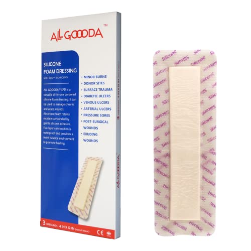 ALL GOOODA Silicone Foam Dressing 4x12[3 Pack] Post-Op Gentle Adhesive Border for Surgical Wound Care, Incision, Sacrum, Pressure Sore, Diabetic Ulcer, Extra Long Large Wound Bandage