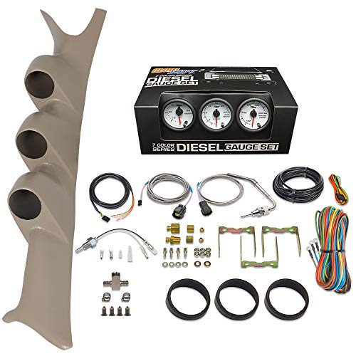 GlowShift Diesel Gauge Package Compatible with Ford Super Duty F-250 F-350 6.0L 7.3L Power Stroke 1999-2007 - White 7 Color 60 PSI Boost, 2400F EGT & Transmission Temp Gauges - Tan Triple Pillar Pod