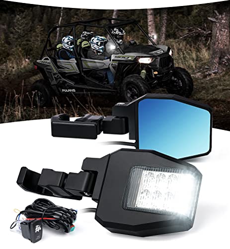 Lupar UTV LED Side Mirror Light, Aluminum RZR Side Rearview Mirrors Fit 1.65"-2" Roll Cage Bar for SXS Polaris XP 900/1000 Honda Pioneer Can-Am Yamaha Talon Kawasaki, Clear Lens Blue Anti-Glare Mirror