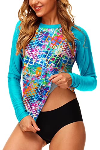 Print Swim Shirt for Women Sun Protective SPF Long Sleeve Multicolored Surfing Rash Guard Aqua Multicolored L