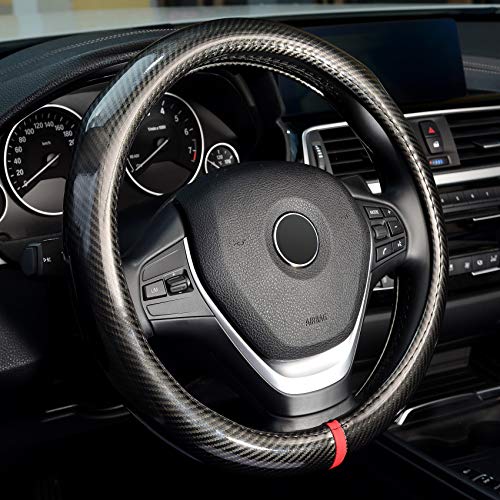 Labbyway Universal 15 inch Carbon Fiber Leather Steering Wheel Cover, Breathable, Anti-Slip, Warm in Winter and Cool in Summer,Black
