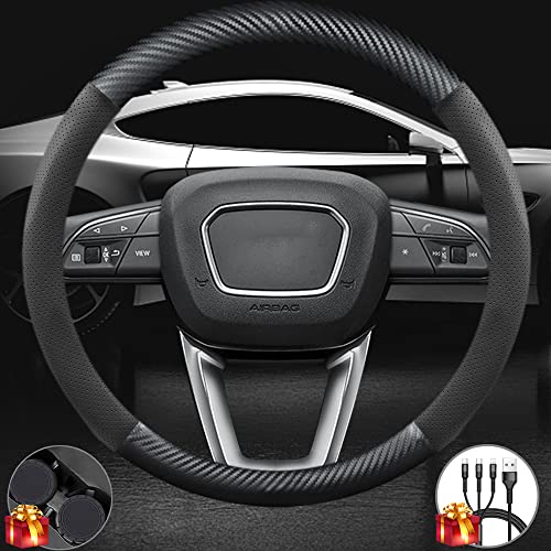 KABUQI Customized Steering Wheel Cover, NAPA Leather&Carbon Fiber Texture Steering Wheel Cover with 2 Coasters and USB Fast Charging Cable (Black)