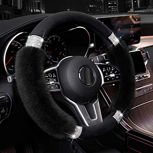 Achiou Rhinestone Fluffy Steering Wheel Cover - Comfortable Non-Slip Luxury Faux Wool, Universal Fit for 14.5" to 15" Steering Wheels