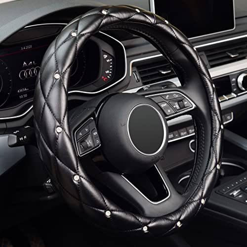 KAFEEK Diamond Soft Leather Steering Wheel Cover with Bling Bling Crystal Rhinestones, Universal 15 inch Anti-Slip
