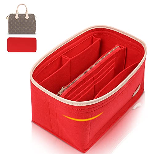 KESOIL Purse Organizer Insert for Handbags, Fit Speedy 25 Neverfull Felt Tote Insert with Base Shaper Zipper Bag in Bag (Red-Felt, Medium)