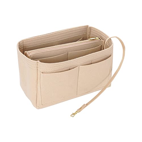 Purse Organizer Insert for Handbags, Premium Felt Organizer with Zipper Pocket, Fit Speedy 25 (Medium, Beige)