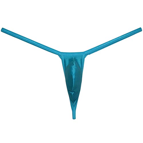 OROCOJUCO Men Border Mini Thong Drawing Pouch T-back Shiny Spandex Micro Bikini Underwear Light Blue M