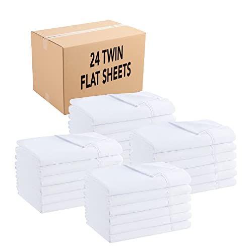 Arkwright Bulk Flat Microfiber Sheets - (Case of 24) Color-Coded Hem Threads Bedding Essentials Supplies for Hosts of Hotel, Motel, or Rental Properties, White, Twin