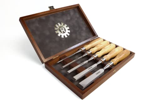 Narex 853600 5 Piece Boxed Set of Richter Extra Bevel Edge Chisel (1/4, 3/8, 1/2, 3/4 and 1 inch) Cryogenic Treated Cr-V Steel Hardened to HRc 62 Ergonomic Ash Handles Stainless Steel Ferrules