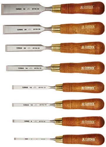 Narex (Made in Czech Republic) Premium 8 pc set 6 (1/4"), 8 (5/16"), 10 (3/8") 12 (1/2"), 16 (5/8") 20 (11/16") , 26 (1" 1/16"), 32 (1 1/4") mm Chisels w/ Hornbeam Handles