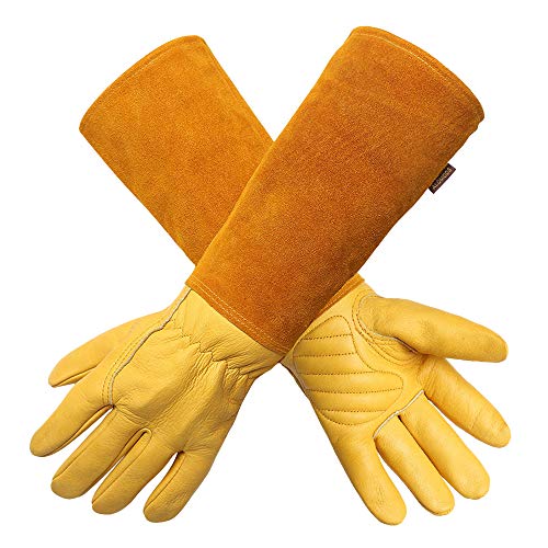 Alomidds Gardening Gloves for Women/Men Rose Pruning Thorn & Cut Proof Long Elbow Durable Cowhide Leather Gardening Gloves for Pruning Cacti Rose and Thorny Bushes (XS, YELLOW)