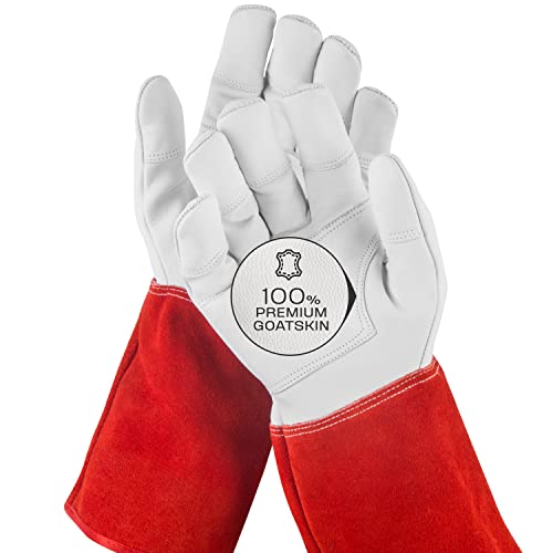 NoCry Long Leather Gardening Gloves for Women and Men; Near Thorn Proof for Cactus, Rose and Blackberry Pruning, General Yard Work and Garden Gloves; Reinforced Palms and Fingertips; Red; Medium