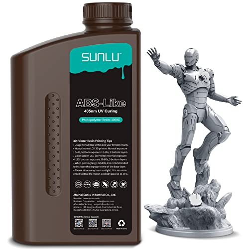 SUNLU 3D Printer Resin, 1KG ABS-Like Fast Curing 3D Resin for LCD DLP SLA Resin 3D Printers, High Quality 395-405nm UV Light Curing Photopolymer Resin, Strong Non Brittle, High Precision, 1000g, Grey
