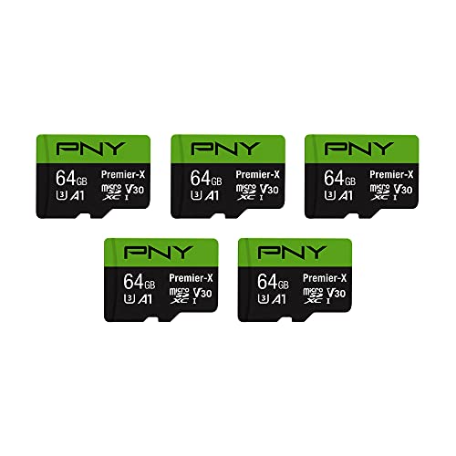 PNY 64GB Premier-X Class 10 U3 V30 microSDXC Flash Memory Card 5-Pack - 100MB/s, Class 10, U3, V30, A1, 4K UHD, Full HD, UHS-I, micro SD