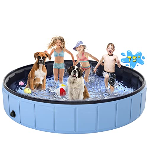 Large Foldable Dog Pool 75" x 16", Hyperzoo Oversize Collapsible Dog Pet Bathing Tub Portable Kiddie Pool Leakproof PVC Swimming Pool for Small Large Dogs Pets Kids Blue