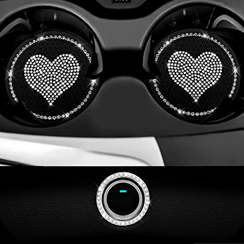 Car Cup Holder Coaster,2PCS Universal Heart Bling White Crystal Rhinestone Car Coasters & Push to Start Button Ring,Car Accessories for Women Car Decor Gift4
