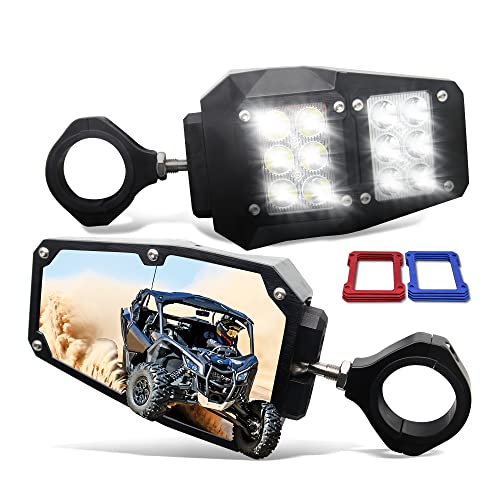 MZS UTV Side Mirrors With Lights for 1.75" or 2" Roll Bar Cage | 360 Degree Adjustable LED Spot Light Accessories Compatible with RZR Rangers Pioneer Mule Gator Wildcat trail Teryx Commander Maverick