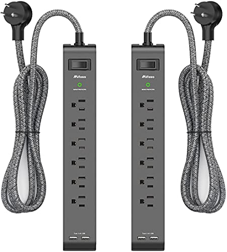 2 Pack Surge Protector Power Strip with 6 Outlets 2 USB Ports 5-Foot Long Heavy-Duty Braided Extension Cords Flat Plug 900 Joules 15A Circuit Breaker Wall Mount for Home Office ETL Listed