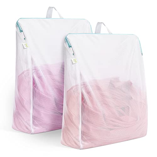 OTraki 24 x 32 inch Mesh Laundry Bag with Handles 2 Pack Side Widening Zippered Garment Bags for Laundry Washing Machine Large Opening Delicate Wash Bag for Coat Sweater Lingerie Sock Sheet
