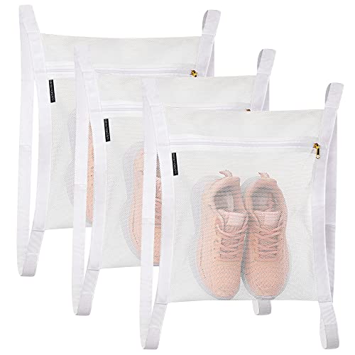 3 Pcs Shoe Dryer Bag, Reausable Dry Mesh Bags, Honeycomb Laundry Bags with Zipper & Strap for Washing Machine, Shoes, Clothing, 15.7x13.8 Inch, White