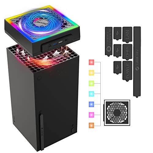 INITMMO Cooling Fan Dust Proof for Xbox Series X with Colorful Light Strip,Efficient Mute Top Cooler System,RGB LED Light& Independent Touch Switch,2 USB Ports,Xbox X Accessories with Extra Dust Plugs