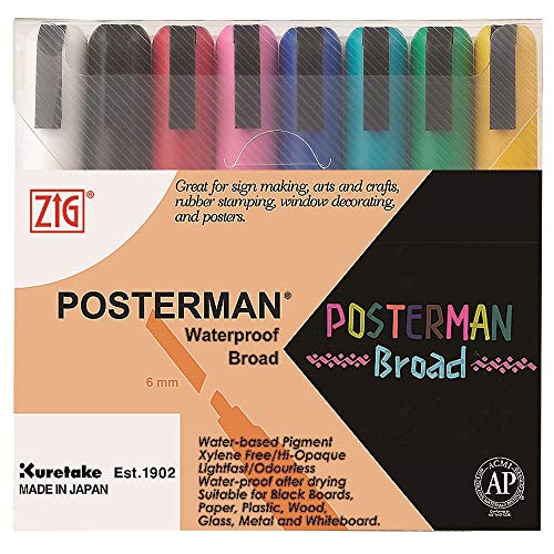 Kuretake ZIG POSTERMAN Chalk markers for Blackboard, Chalkboard, Mirrors Glass, AP-Certified, Hi-Opaque, Made in Japan (6mm 8 Colors)