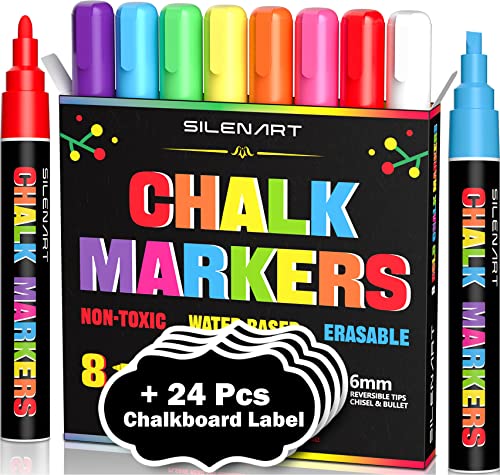 Durable Chalk Markers - 8 Color and 24 Labels - Dry & Wet Erase Marker Pens - Chalkboad Markers for Kids, Liquid Chalk Markers Erasbale, Window Markers for Car Glass Washable, Reversible Tips