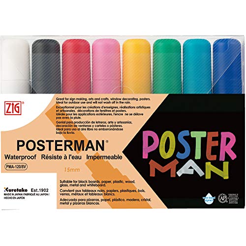 Kuretake ZIG POSTERMAN Big & Broad 15mm 8 Colors set, AP-Certified, Water resistant after drying, Hi-Opaque, No mess, Lightfast, Odourless, Xylene Free, Professional quality, Made in Japan