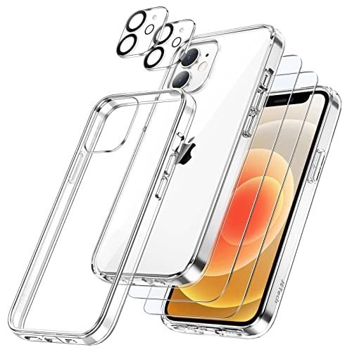 JETech 3 in 1 Case for iPhone 12 Mini 5.4-Inch, with 2-Pack Screen Protector and 2-Pack Camera Lens Protector, Non-Yellowing Shockproof Bumper Phone Cover, Full Coverage Tempered Glass Film (Clear)