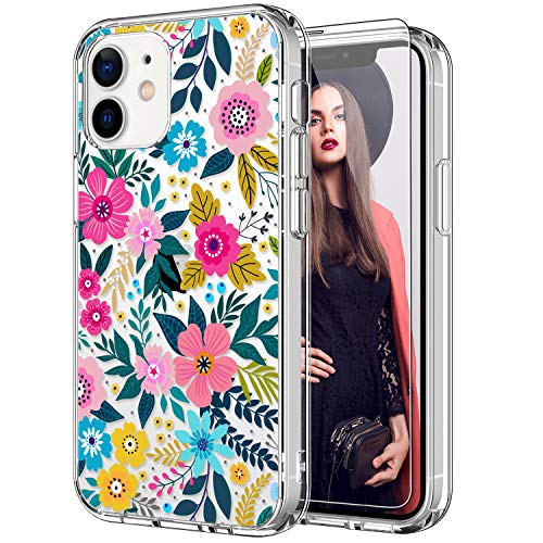 ICEDIO for iPhone 12 Mini Case with Screen Protector,Clear with Cute Colorful Blooming Floral Patterns for Girls Women,Slim Fit TPU Cover Protective Phone Case for iPhone 12 Mini 5.4"