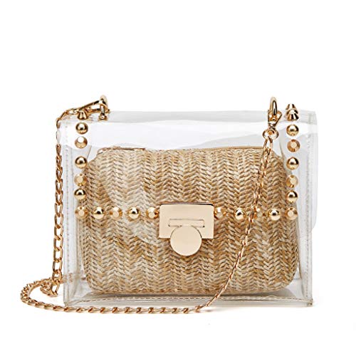 YYW 2 in 1 Clear Purses for Women Clear Clutch Purse, Clear Studded Crossbody Bag Stadium Approved, with Straw Purse